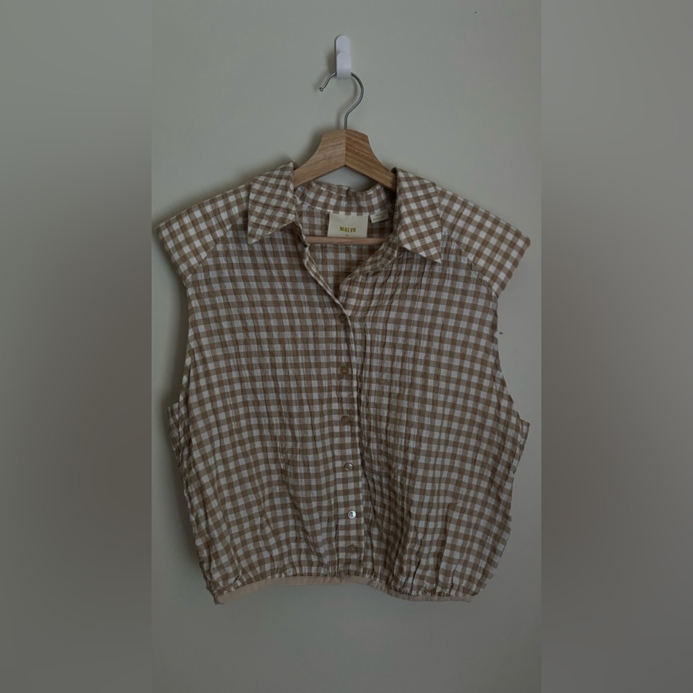 Anthropologie Maeve Tan and White Gingham Top